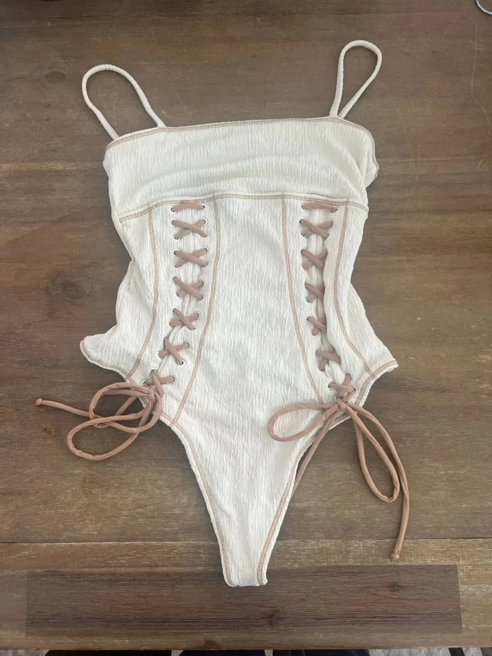 Frankie's Bikinis White Lace-Up Ribbed Bodysuit